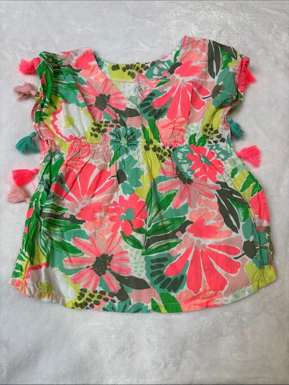 Cat & Jack Girls' Neon Floral Tassel Swim Coverup - Coral, Green & Cream